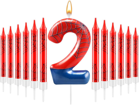 13 Pcs Spider Themed Birthday Candle Set Red Spider Theme Number 2 Candle Cake Topper for Boys Girls Birthday Decoration Spider Party Decoration Supplies (Number 2)