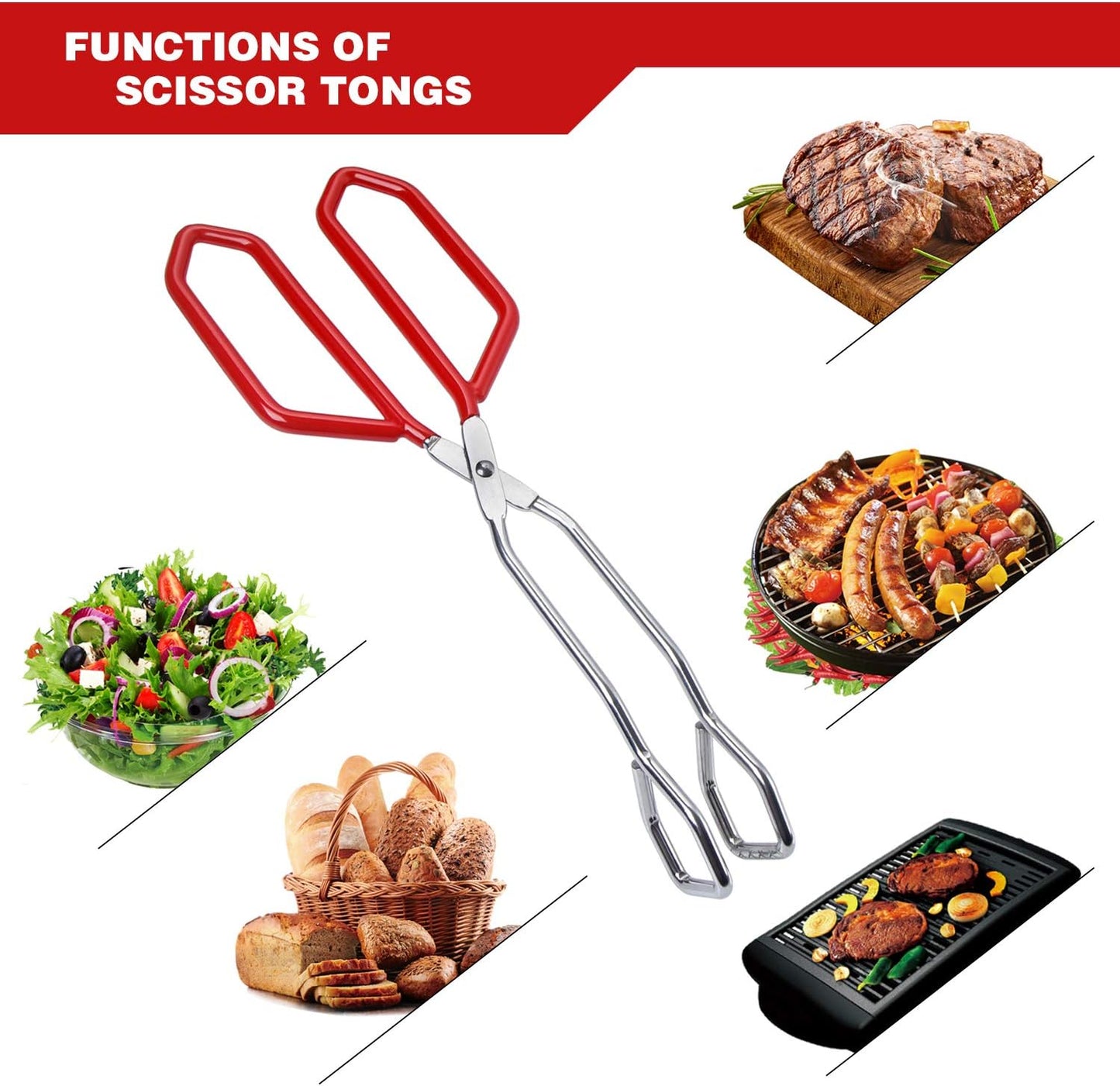 MSY BIGSUNNY Stainless Steel Scissor Tongs Heavy Duty Cooking Tongs with Soft Handles (2, red 11" + 11")
