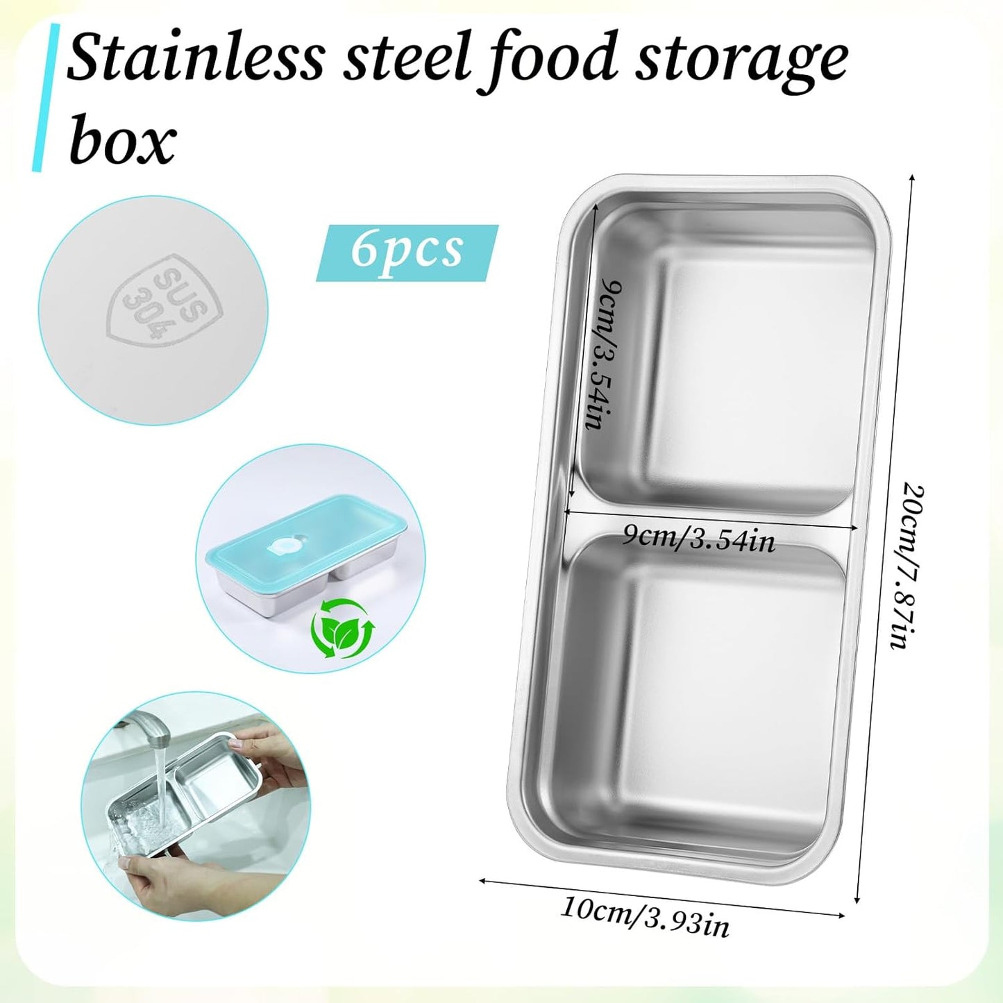 Stainless Steel Snack Containers with Lids, 6 Pcs Double Compartment Lunch Box Reusable Leakproof Condiment Box Dishwasher Safe for Travel Camping and Meal Prep