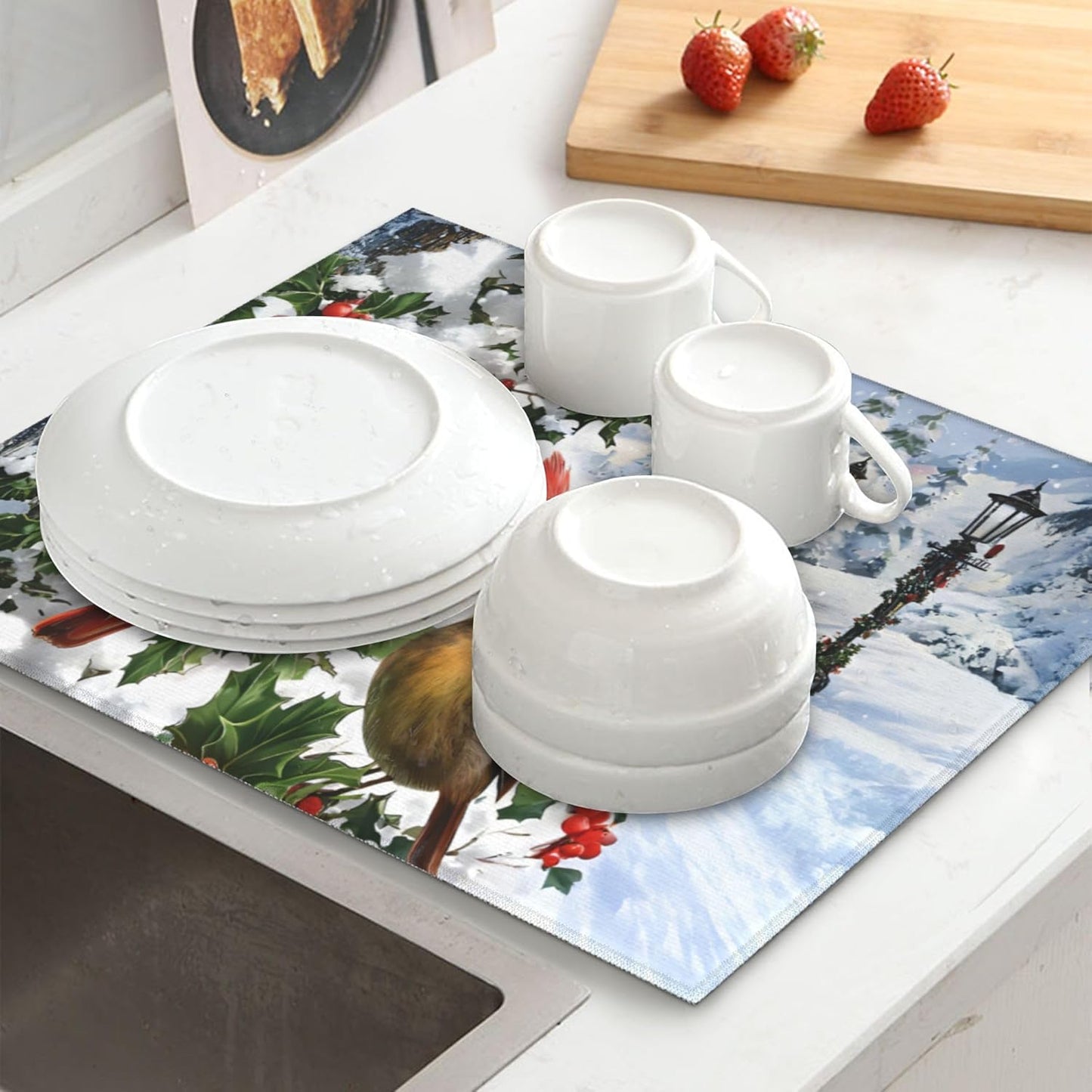 Winter Cardinal Birds Dish Drying Mat for Kitchen Counter Washable Dish Drying Racks Absorbent Reversible Microfiber Dishes Drying Pad Christmas Kitchen Accessories or Decor 16"x18"