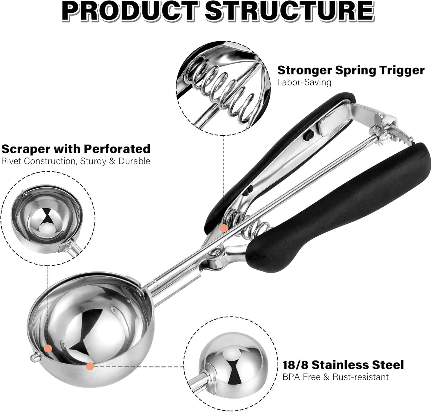 Cookie Scoop 4 Tbsp, TJ POP Professional Stainless Steel Ice Cream Scoop 60 mm, Soft Grips, Quick Trigger Release, 60 ml
