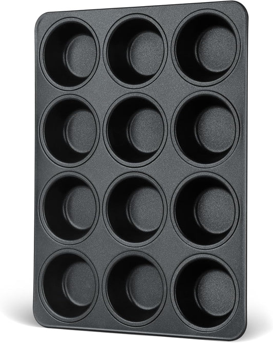 E-far Nonstick Muffin Pans 12 Cups, Stainless Steel Muffin Tin Cupcake Pan Tray for Baking, Stainless Steel Core & Non Toxic, Easy Release & Easy Clean, Black
