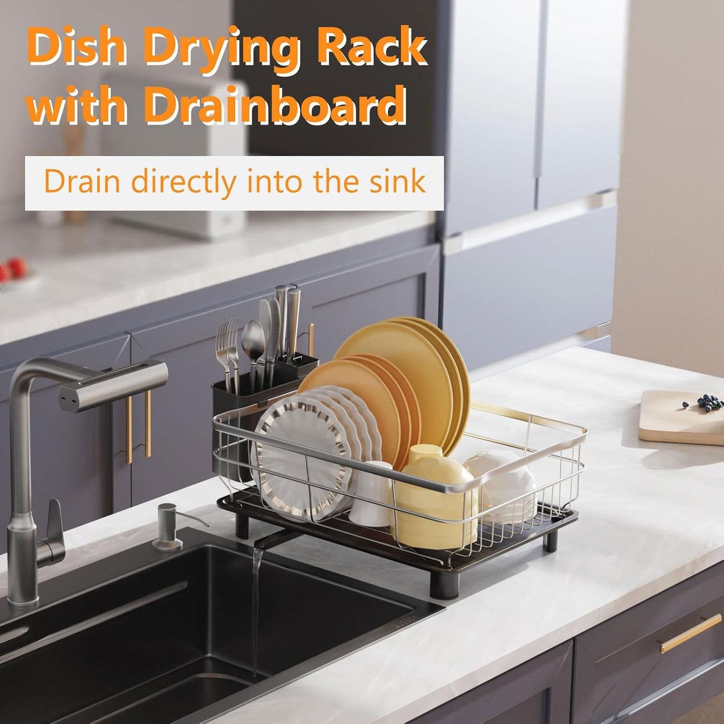 Stainless Steel Dish Drying Rack with Drainboard Dish Drainers for Kitchen Counter Extendable Spout Strainers with Utensil Holder and Knife Slots, Black