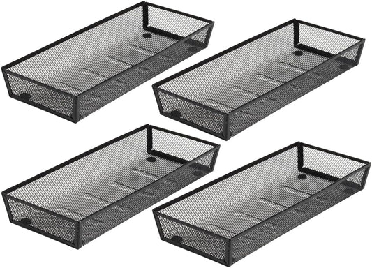 BYCY Silverware Drawer Organizer, Mesh Utensil Organizer for Kitchen Storage, Black Steel Metal Mesh Tray for Flatware Fork Spoon Knife… (15 * 6-4P-Black)
