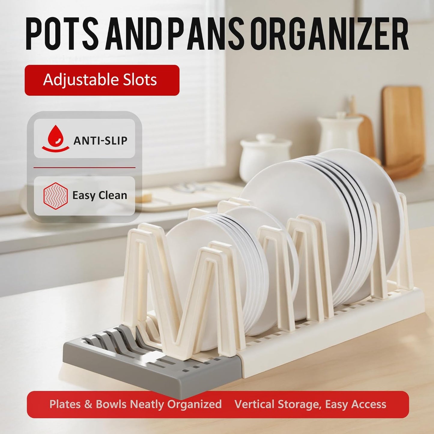 Li&Zhao Pots and Pans Organizer under Cabinet - Extended Dining Tray Storage Rack Cutting Board Rack Lid Holders inside Cabinet with 7 Adjustable Compartment for Kitchen Storage(Beige)