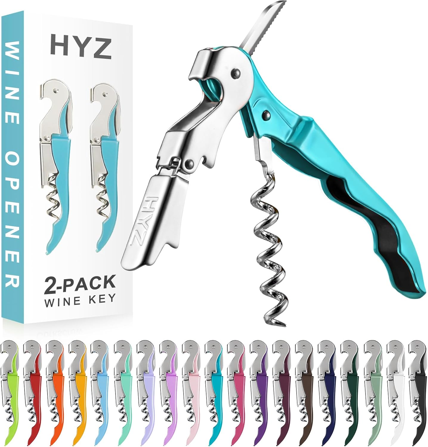 HYZ 2-Pack Wine Opener Waiter Corkscrew, Professional Wine Key for Servers, Bartender with Foil Cutter, Manual Wine Bottle Opener Double Hinged (Blue)