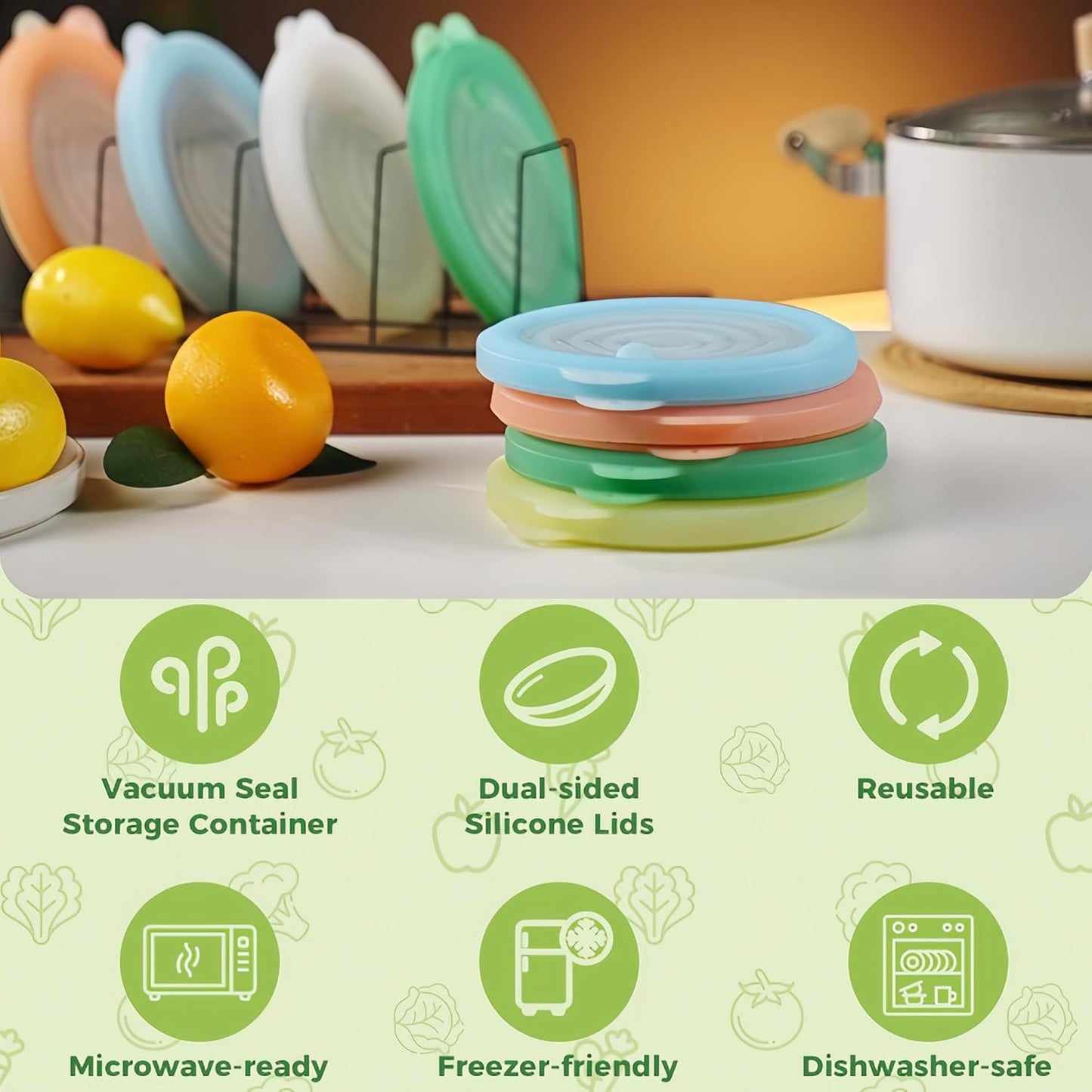 Silicone Reusable Vacuum-Seal Storage Containers for Fridge,Fresh Fruit,Vegetables,Garlic,Onions,Lemons,Potatoes,Meat,for Microwave Oven Heating,Freezer,Dishwasher,Avocado Saver,Tomato Holder,4 Pack