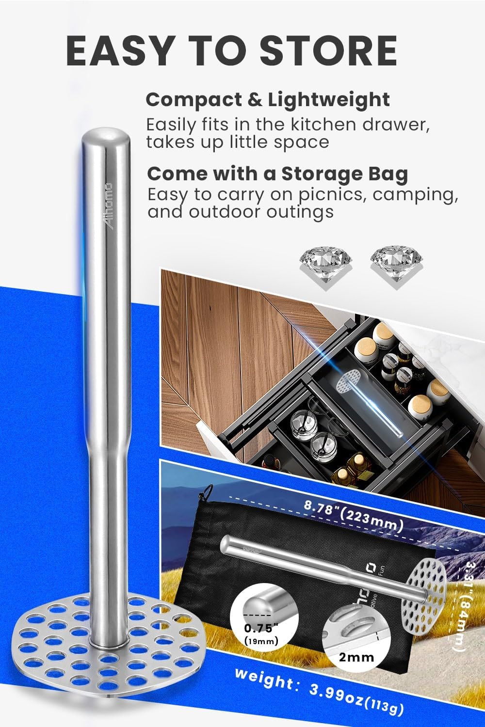 316L Stainless Steel Potato Masher Heavy Duty, Durable One-Piece Design Masher Kitchen Tool, Rustproof Potato Smasher for Mashing Potatoes, Beans, Avocados, Fruits & Vegetables, Dishwasher Safe