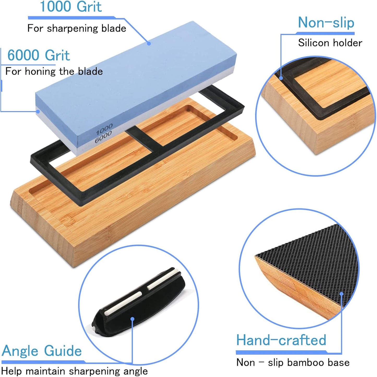 Whetstone Knife Sharpening Stone Kit - Double Sided Whetstone Knife Sharpener 1000/6000 Grit, Professional Honing Sharpening Stone Set With Slip-Resistant Bamboo Base and Angle Guide