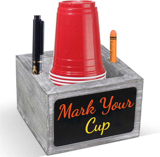 Wooden Cup Holder - Party Cup Holder with Marker Slot, with Chalkboard for Party and Wedding, Rustic Cup Holder for Countertop, Grey