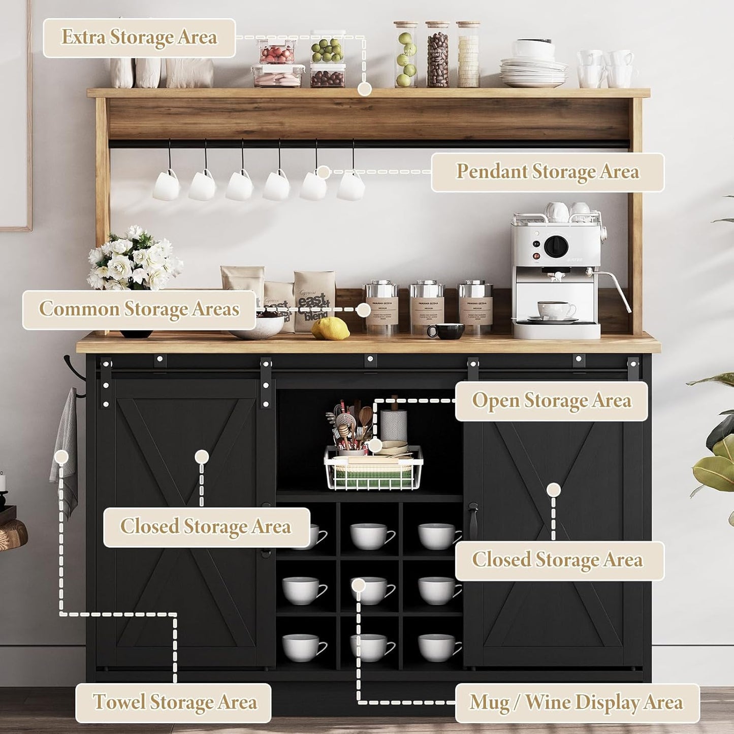 4ever2buy Farmhouse Coffee Bar Cabinet with Storage, 47'' Buffet Cabinet with Hutch and Sliding Barn Door, Coffee Bar with 9 Wine Racks and 6 Hooks for Dining Room, Living Room, Black