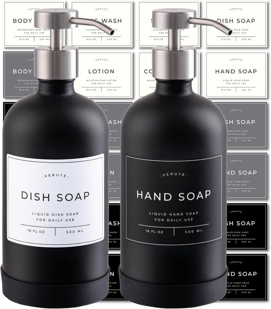 16oz Glass Soap Dispenser with Stainless Steel Pump, 21 Waterproof Labels, Non-Slip Protective Silicone Pad, Set of 2 for Bathroom & Kitchen (Matte Black Bottle/Brushed Silver Pump)