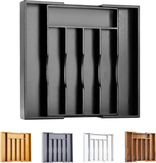 Bellsal Black Silverware Organizer Kitchen Drawer Organizer Expandable Bamboo Utensil Holder Cutlery Tray for Kitchen Utensil and Flatware Bedroom Office
