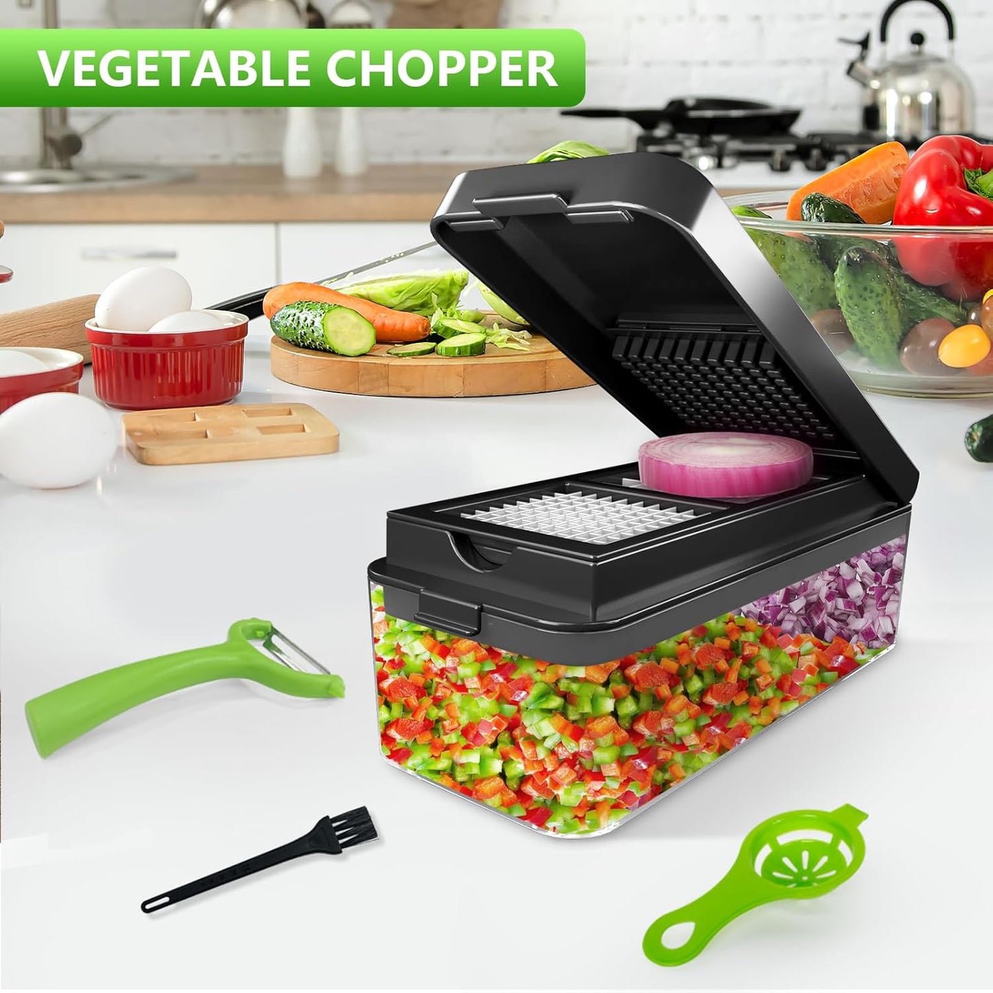 Vegetable Chopper, Onion Chopper Dicer, Mandoline Slicer, Food Chopper with Container, Vegetable Cutter for Salad Potato Carrot Garlic（9 Blades, Black）