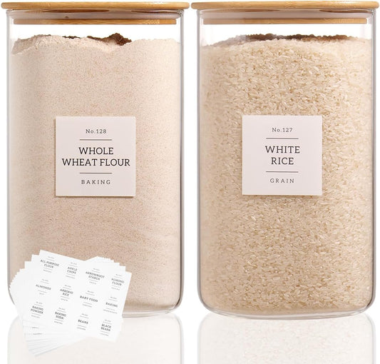 2 Pack large Square Glass Flour and Sugar Containers with 132 Kitchen Pantry Labels - Thicken 149 floz Glass Storage Jars with Airtight Bamboo Lid - Big Rice Canisters for Coffee, Pasta, Cereal