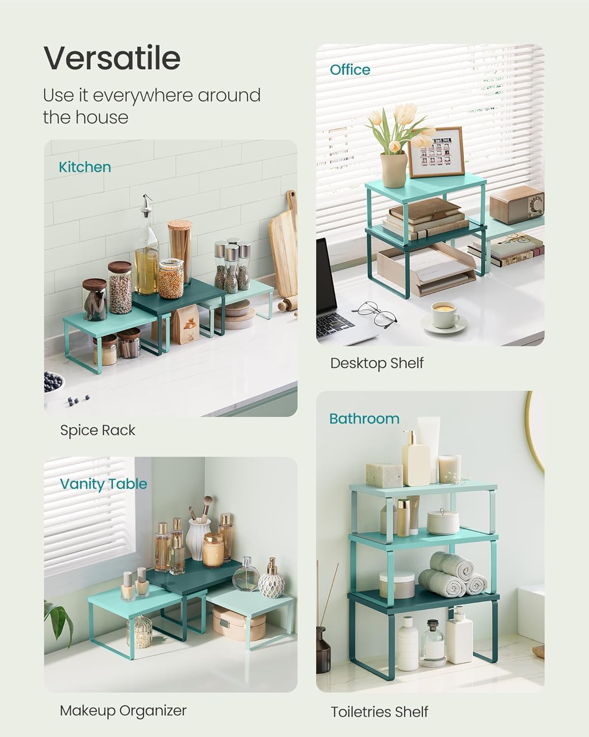 SONGMICS Cabinet Organizer Shelf, Set of 3 Kitchen Counter Shelves, Kitchen Storage, Spice Rack, Stackable, Expandable, Green UKCS220C01