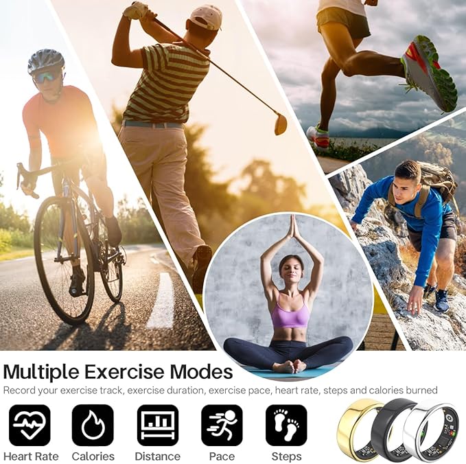 Smart Rings for Women Men,Fitness Tracker Ring,Heart Rate,Blood Oxygen,Blood Pressure,Step Tracker,Sleep Monitoring,No Subscription Fee,IP68 Waterproof Smart Ring for iPhone&Android(Gold 7)