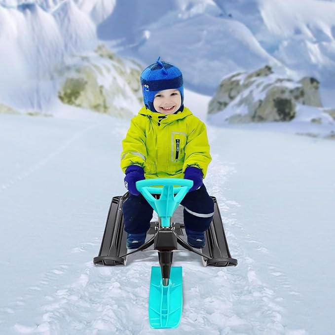 Snow Racer Sled for Kids, Dual Brakes Snowmobile Sled Ski with Steering Wheel, Snow Sledge for Skiing, Ice Skating, Sand Skating, Single Rider 45 x 20 x 15 inches