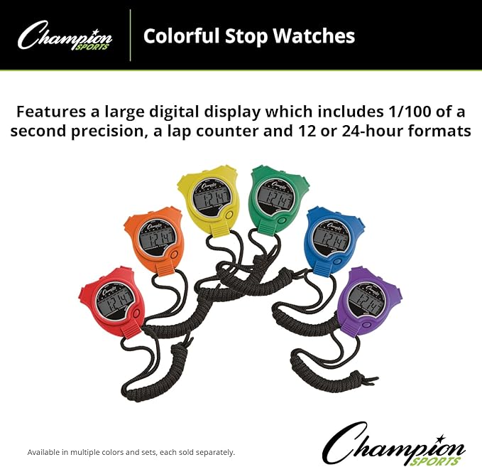 Champion Sports Stopwatch Timer Set: Waterproof, Handheld Digital Clock Sport Stopwatches with Large Display for Kids or Coach - Bright Colored 6 Pack