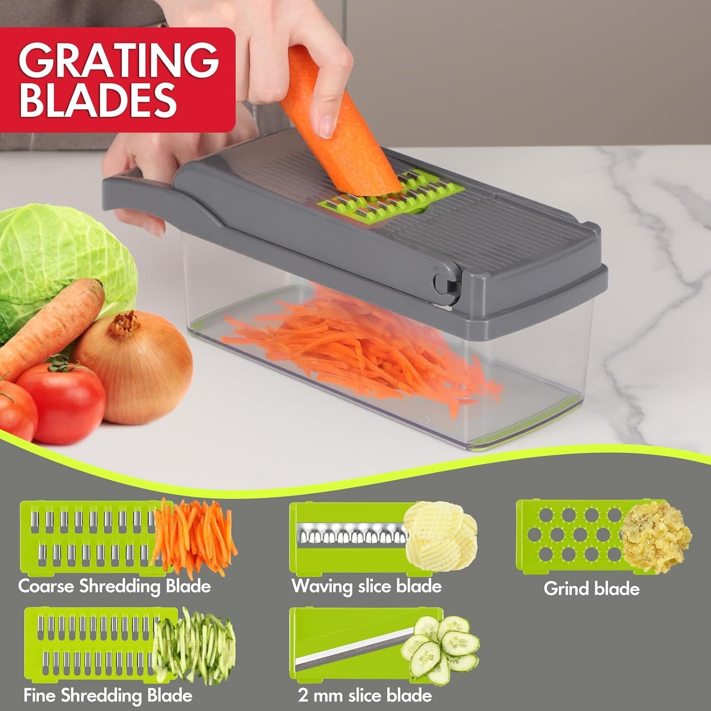 Ourokhome Vegetable Chopper Onion Cutter, 14 in 1 Professional Mandolin Slicer for Kitchen, Multifunctional Food Chopper for Potato, Tomato, Veggie with Strainer Basket, 10 Blades, Gray