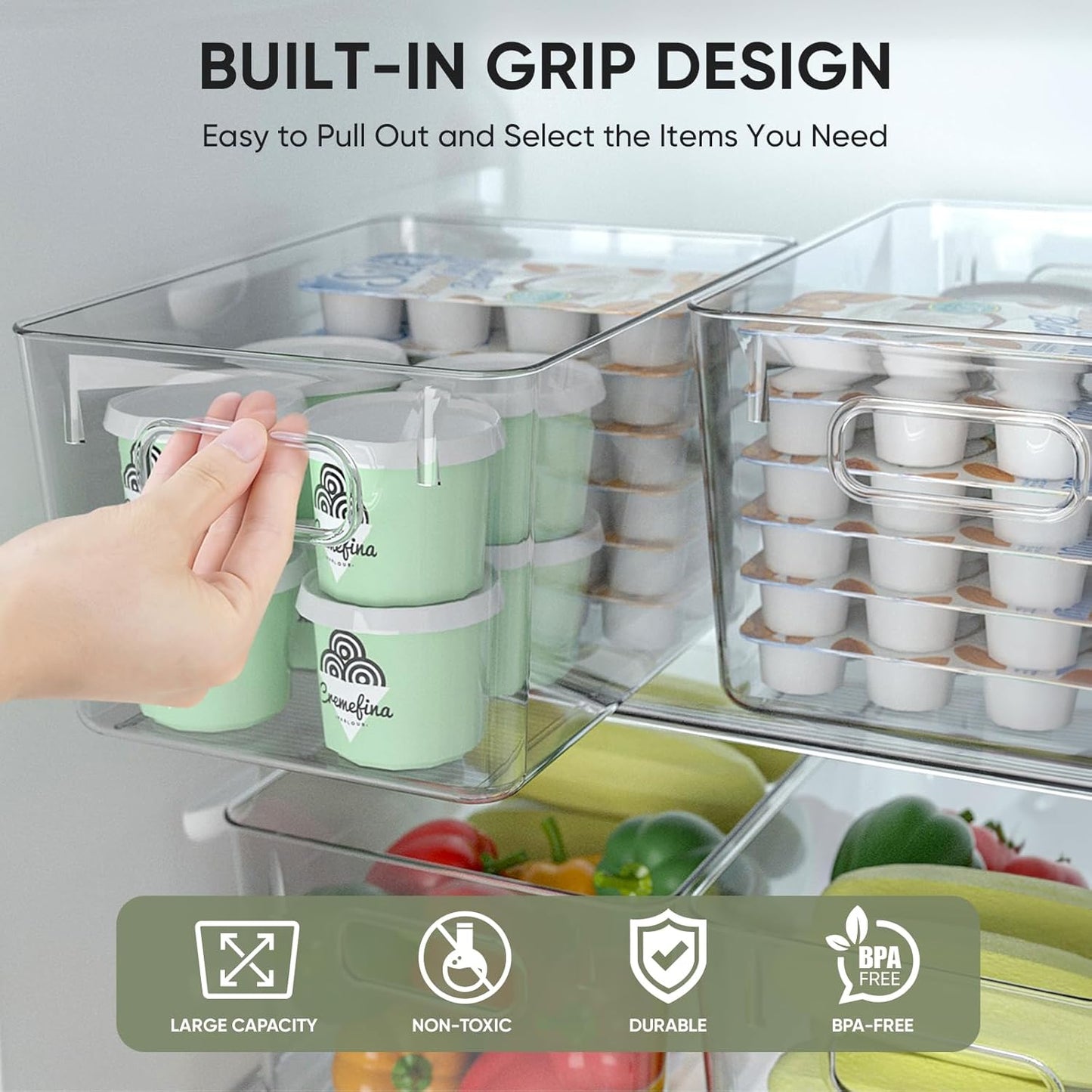 BALEINE Clear Plastic Storage Bins, Pantry Organization, BPA Free Stackable Refrigerator Organizers and Storage with Handles for Kitchen Fridge Cabinet Bathroom (6PK, 9.5x5.5x4.5)