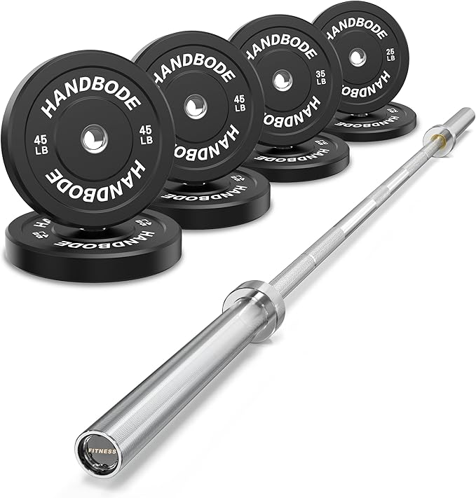 Olympic Bumper Plates Set 2 Inch, 10-55 lbs Rubber Weight Plates with 45 lb (20kg) Black/Silver Barbell, Strength Training & Weight Lifting for Home Gym