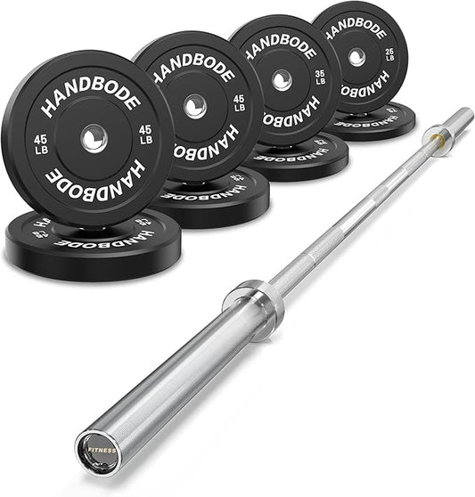 Olympic Bumper Plates Set 2 Inch, 10-55 lbs Rubber Weight Plates with 45 lb (20kg) Black/Silver Barbell, Strength Training & Weight Lifting for Home Gym