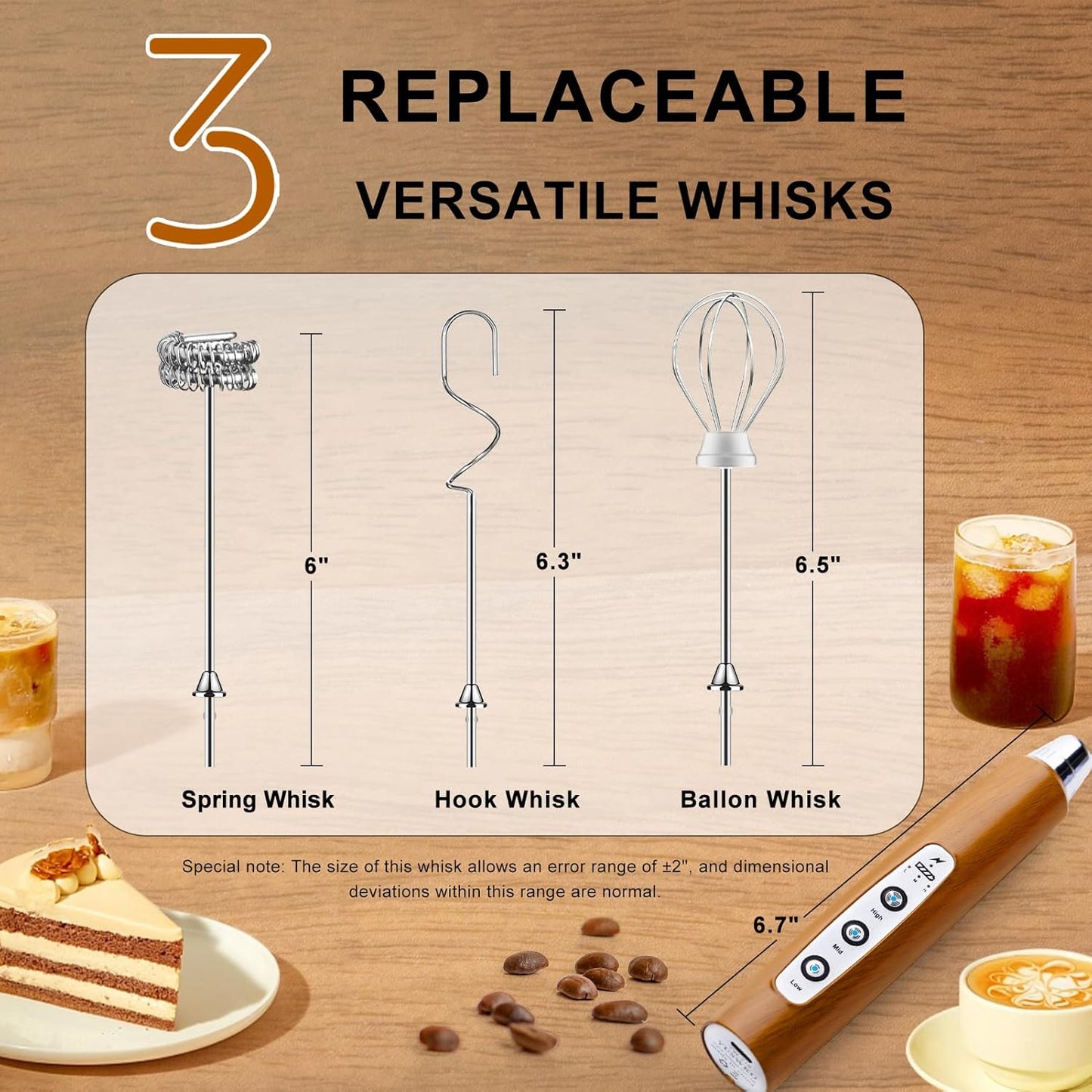 YUSWKO Wood Grain Handheld Milk Frother Wand for Coffee, Rechargeable Electric Whisk with 3 Heads 3 Speeds Drink Mixer Coffee Frother For Latte, Cappuccino, Hot Chocolate, Egg