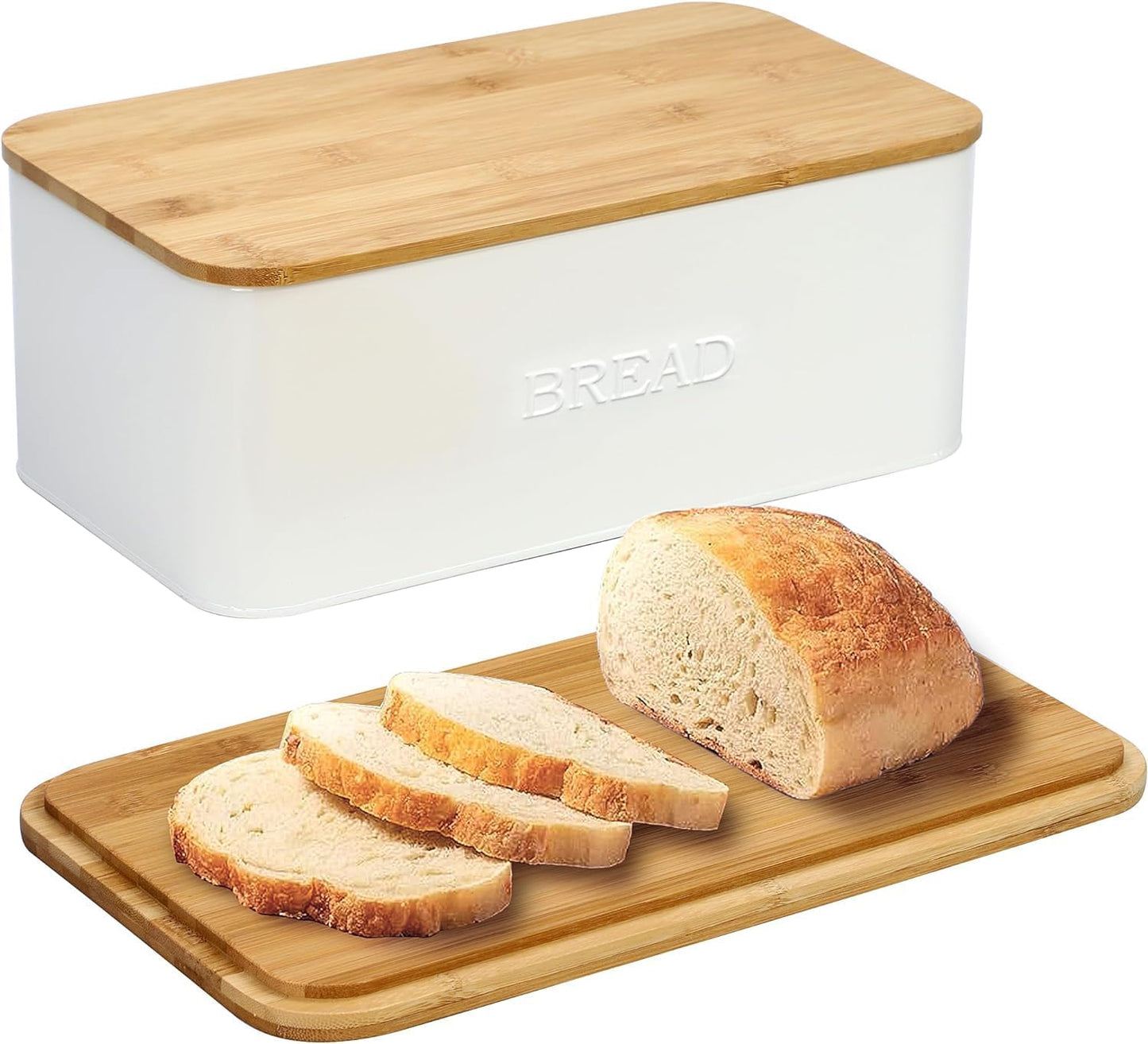 White Bread Box for Kitchen Countertop, Small Storage Container with Bamboo Lid, Modern Kitchen Organizer for Sourdough, Buns, and Loaves, Bread Storage with Cutting Board Lid