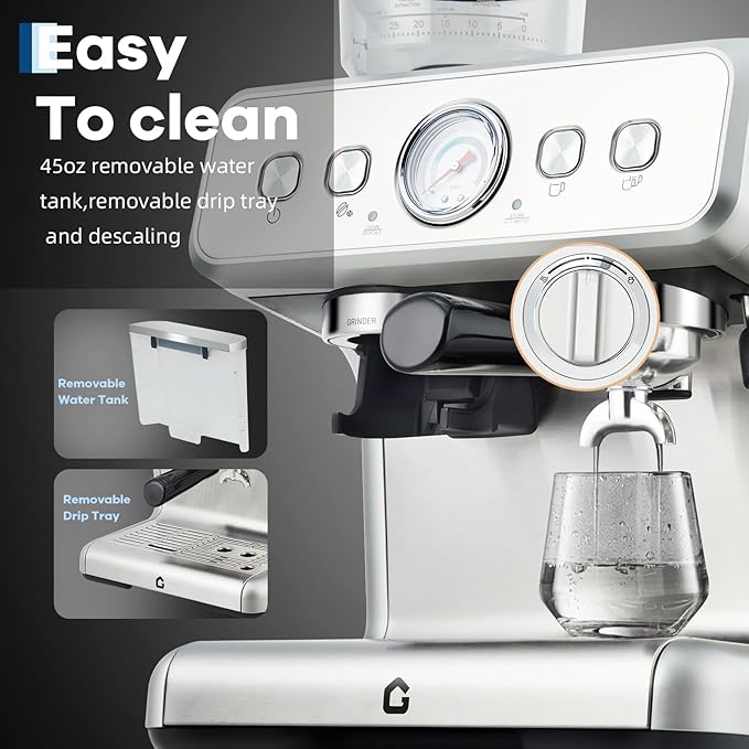 Garvee 20 Bar Pressure Stainless Steel Espresso Machine with Grinder, 2.8L Removable Water Tank, Milk Frother Steam Wand for Latte/Cappuccino - Adjustable Shot Volume, Professional Home/Office Use