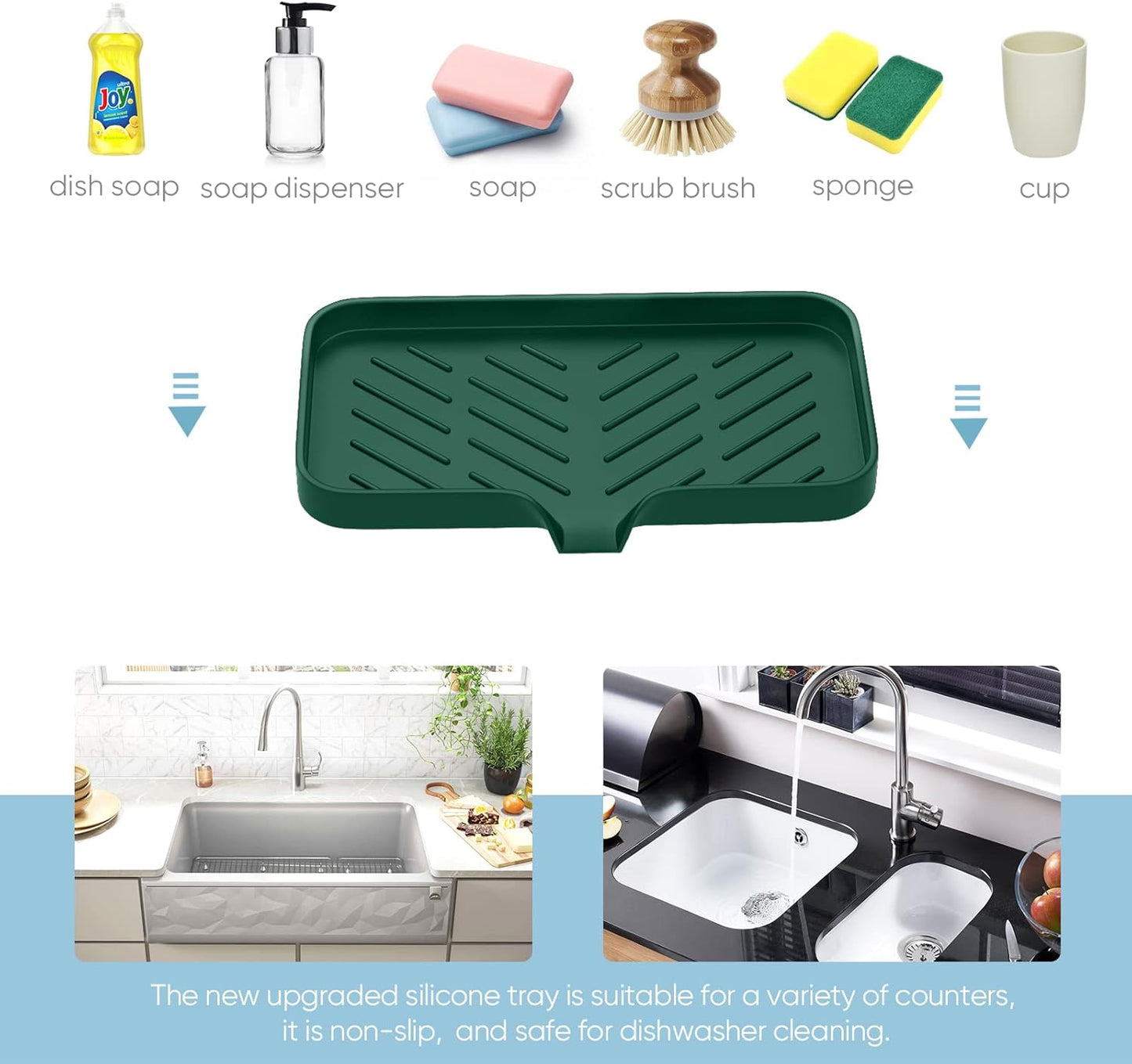 Kitchen Sink Tray,Sponge Holder for Kitchen Sink Self Draining Kitchen Soap Tray Premium Silicone Soap Holder for Bathroom Kitchen Counter Sink Caddy Organizer for Dish Soap Bottle,Soap Dispenser
