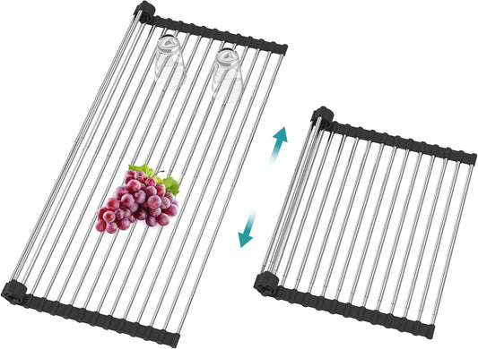 BBXTYLY Extra Expandable Roll Up Dish Drying Rack,Over The Sink Drying Rack Sink Cover Kitchen Sink Accessories Kitchen Rolling up Stainless Steel Drainer, Foldable,Rollable（Black，22.8''-12.4''）
