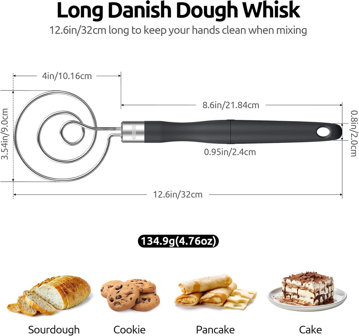 U-Taste 12.6" Danish Dough Whisk: 18/8 Stainless Steel Heavy-Duty Sourdough Mixer Tool, Food Grade Dutch Style Seamless Bread Wisk, Sturdy for Mixing, Stirring, Pressing, Kneading Thick Batter (Black)