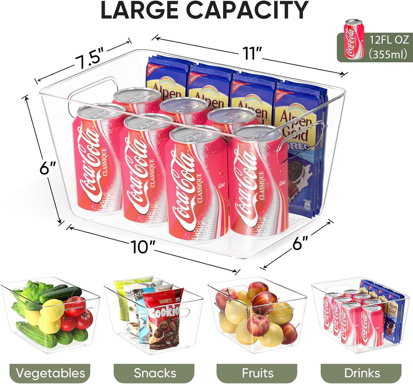 BALEINE Clear Plastic Storage Bins, Pantry Organization, BPA Free Stackable Refrigerator Organizers and Storage with Handles for Kitchen Fridge Cabinet Bathroom (4PK, 11x7.5x6)