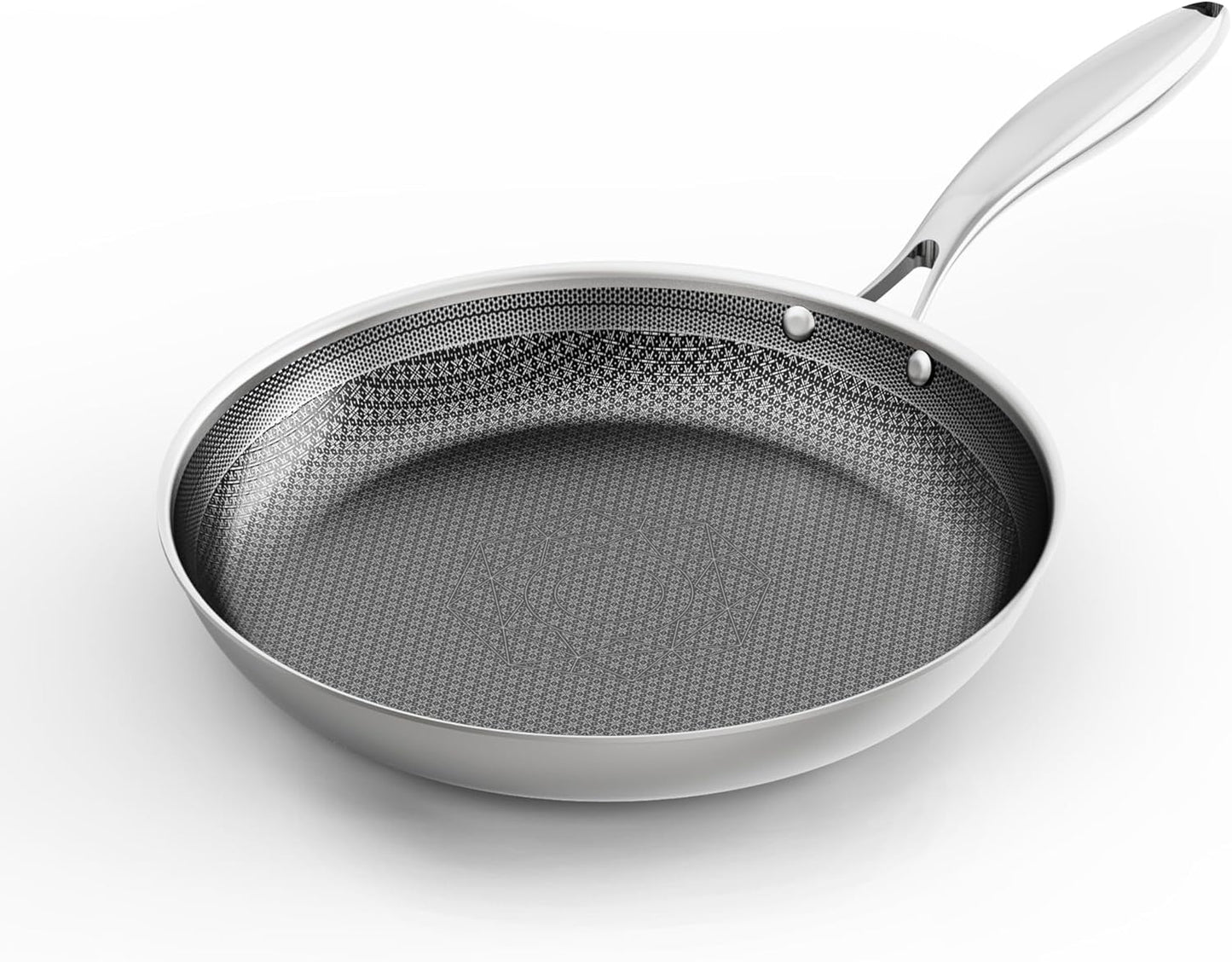 COOKING KING 12-Inch Stainless Steel Pan, Hybrid Nonstick Frying Pan, Skillet, 3-Ply Clad Cookware, Even Heat Distribution, Dishwasher & Oven Safe, with Stay-Cool Handle, Induction Compatible