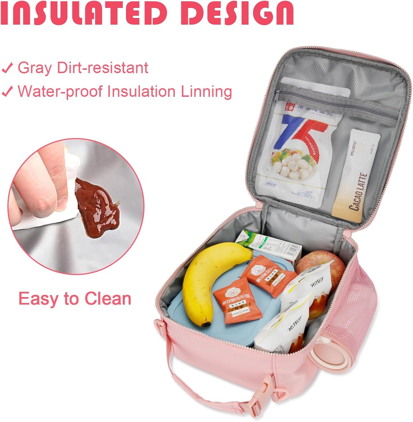 Initial Insulated Lunch Bag for Girls Kids, Back to School Gift, Reusable Leak-proof Lunch Box with Adjustable Strap for School Daycare Travel Picnic (Pink,H)