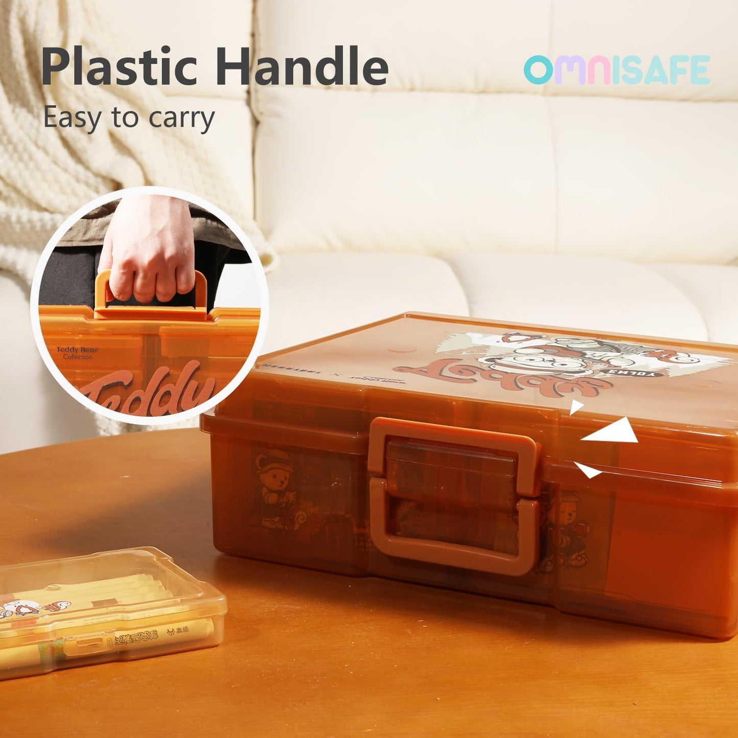 OMNISAFE 4x6 Photo Organizer Cases, Teddy Bear 16 Pack Plastic Craft Storage Container, Box for Pictures, Crafts, Scrapbooking, Transparent Photo Keeper with Handle (Camping Brown)