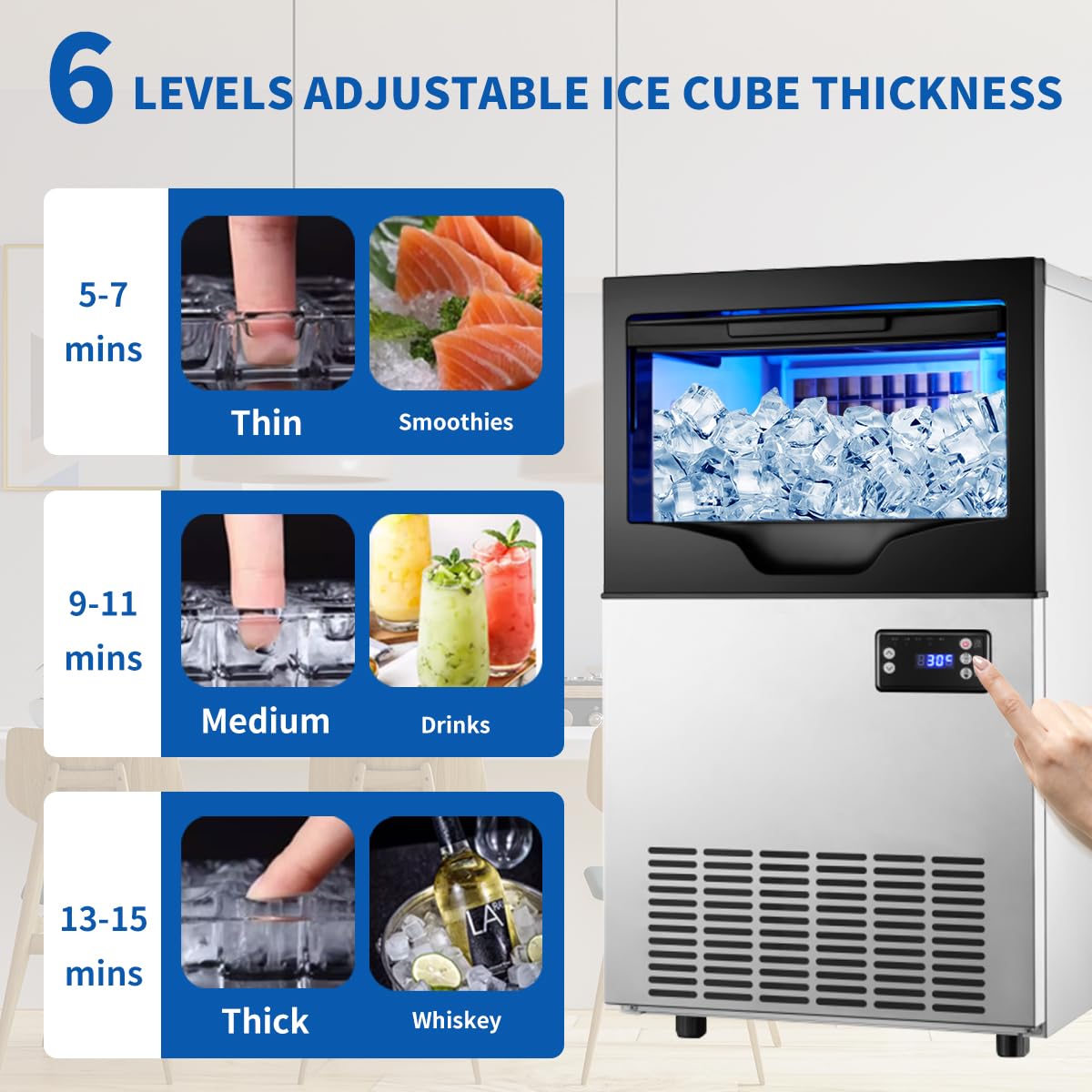 Commercial Ice Maker Machine, 110lbs/24H Stainless Steel Under Counter ice Machine with 22lbs Ice Storage Capacity, 6 Levels of Ice Thickness Adjustment, Ice Ready in 5-15 min