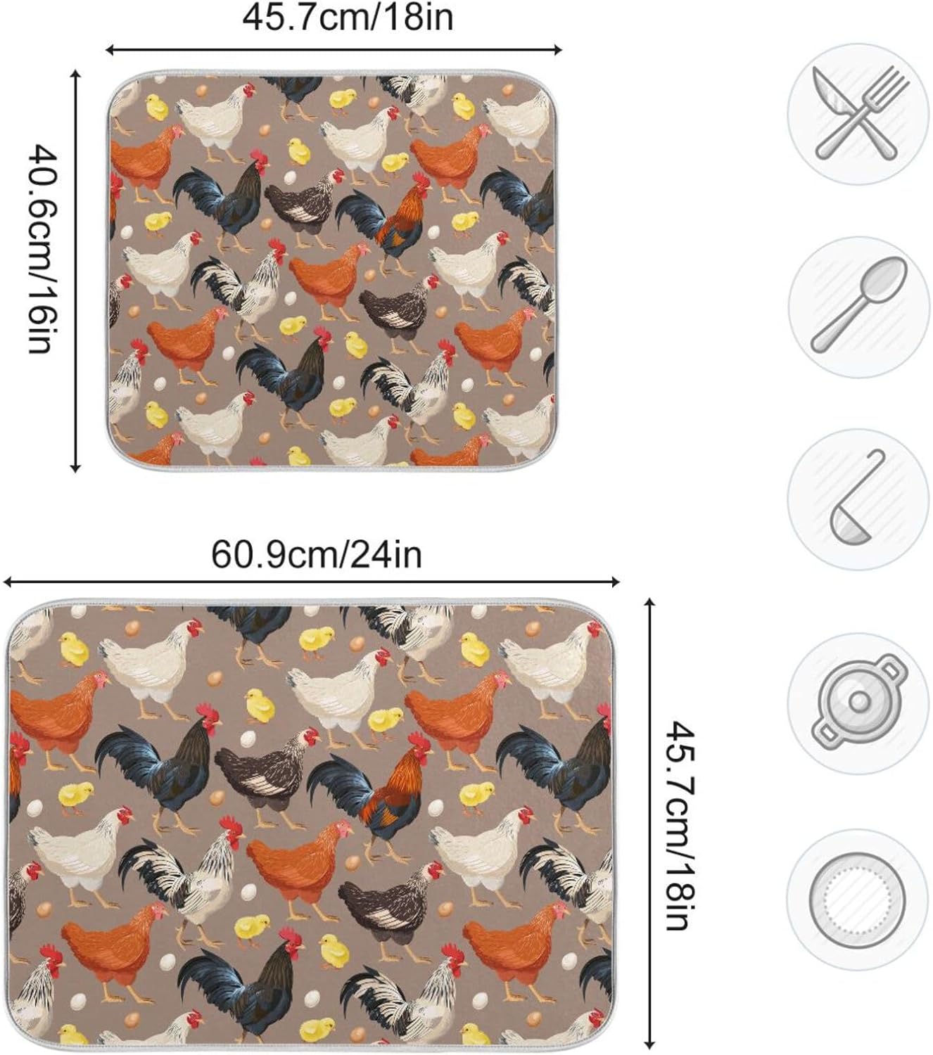 Hens Roosters Chicken Dish Drying Mat for Kitchen Counter Absorbent Microfiber Drying Pad, Medium 16x18 in, Reversible Drainer Mats