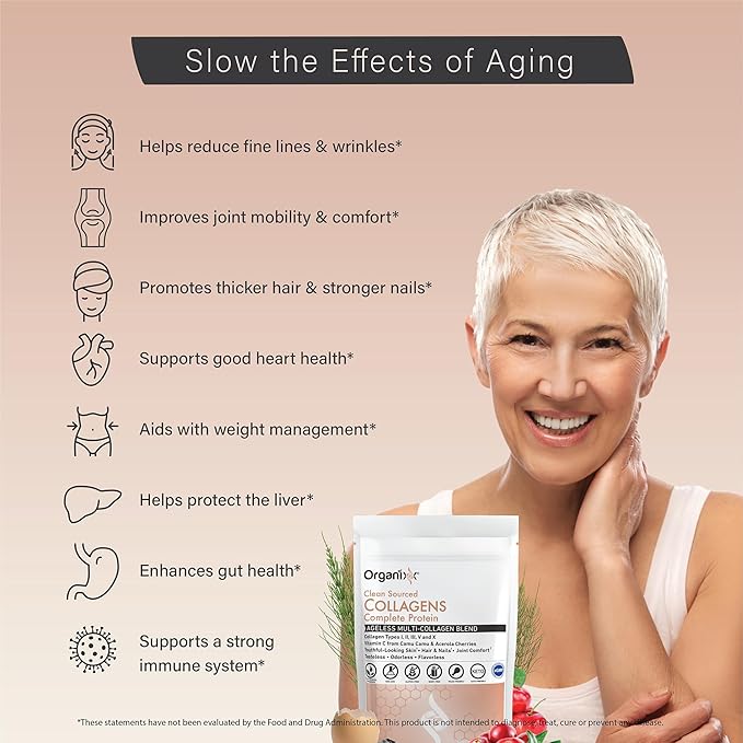 Organixx Collagen Peptides Powder with Vitamin C, Types I, II, III, V, X Hydrolyzed Collagen, Hair, Nail, Skin, Bone & Joint Health, Aging Support, Clean Sourced, Gluten Free, Unflavored, 20 Servings