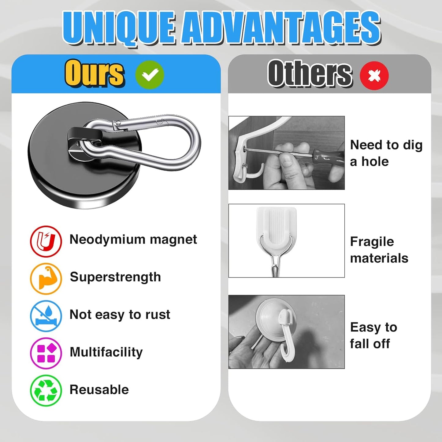 200Lbs Magnetic Carabiner Hooks, 2 Pack Strong Magnetic Hooks Heavy Duty with Swivel Carabiner for Cruise, Black Neodymium Magnet Hooks Magnetic Wall Hanger for Hanging, Toolbox, Grill, Cabins