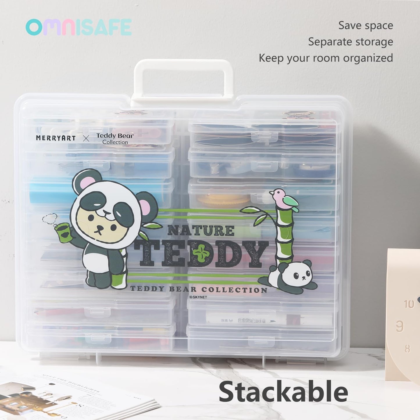 OMNISAFE 4x6 Photo Organizer Cases, Teddy Bear 16 Pack Plastic Craft Storage Container, Box for Pictures, Crafts, Scrapbooking, Transparent Photo Keeper with Handle (Panda Brown)