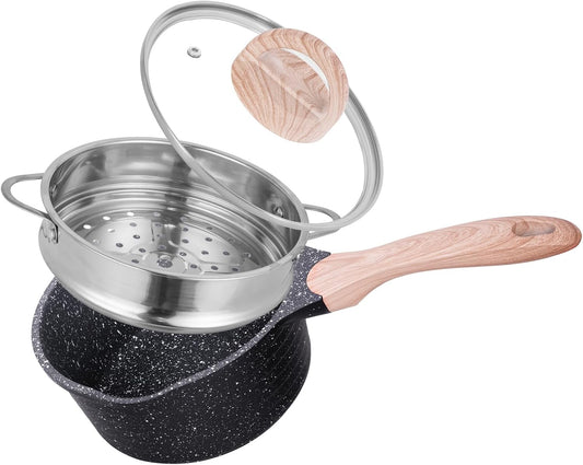 JEETEE 2.5 Quart Saucepan with Steamer Basket, Small Sauce Pot with Lid，Nonstick Coating with Pour Spout, Induction Compatible Cookware Sauce Pan for Cooking, PFOA/PFOS Free