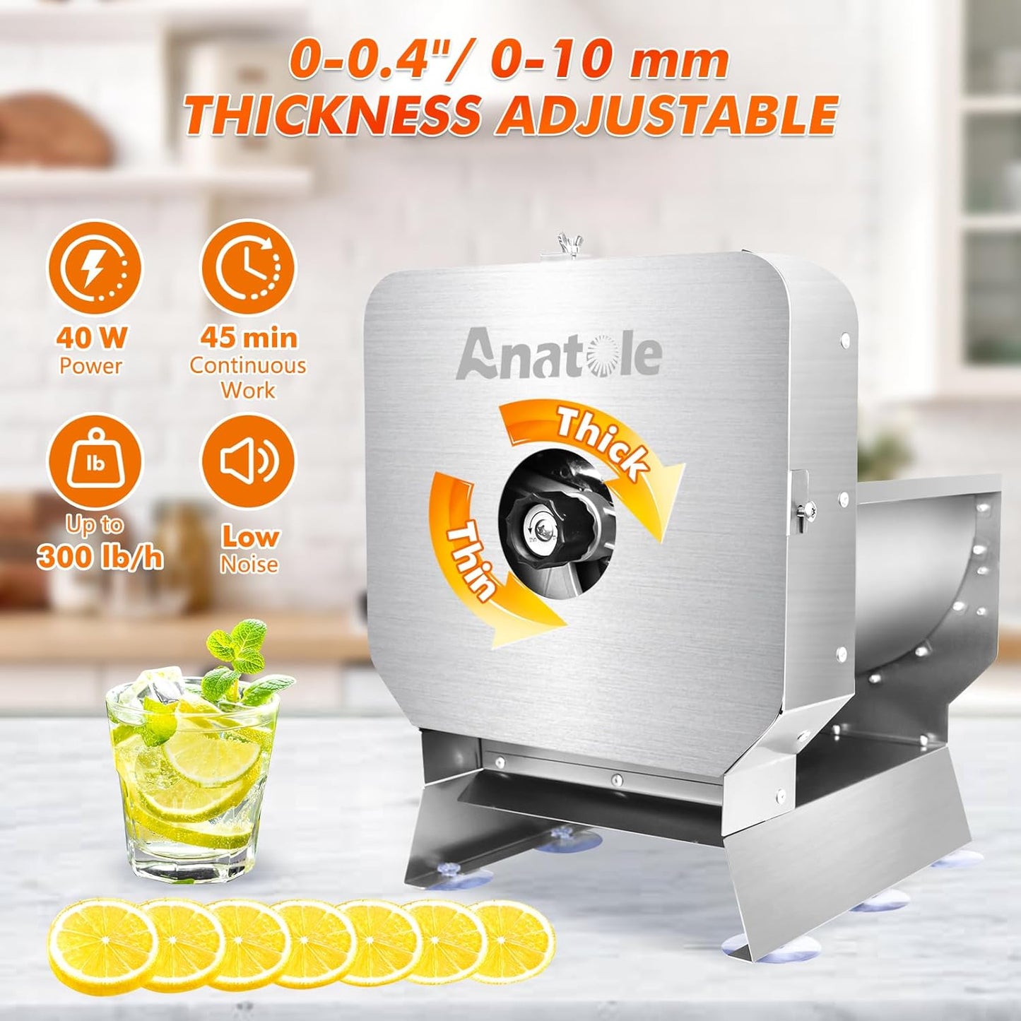 Anatole Electric Vegetable Slicer Commercial Fruit Cutter Stainless Steel 0-0.4'' Thickness Adjustable with Manual Mode for Tomato Onion Potato Cabbage Lime Orange