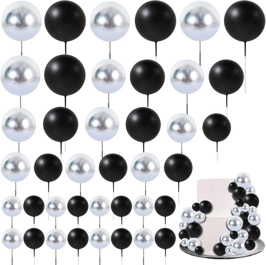 BEISHIDA 40 Pcs Ball Cake Toppers Mini Balls Cake Decorations Black Silver Foam Balls Sticks DIY Cake Topper for Baking Congrats Grade 2025 Graduation Birthday Retirement(Black Silver)