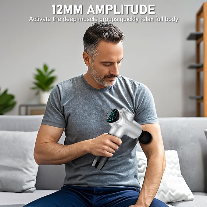 RAEMAO Massage Gun, Handheld Electric Deep Tissue Muscle Massager for Athletes for Pain Relief Attaching 8 Replacement Heads, Percussion Massager with 10 Speeds, Father's Day Gifts, Silver