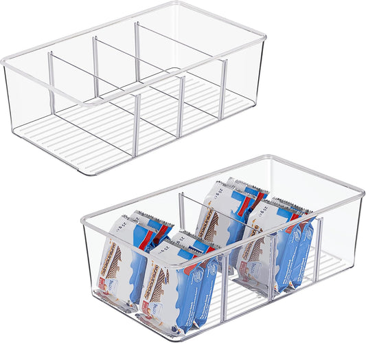 Vtopmart 2 Pack Food Storage Organizer Bins, Clear Plastic Bins for Pantry, Kitchen, Fridge, Cabinet Organization and Storage, 4 Compartment Holder Packets, Snacks, Pouches, Spice Packets