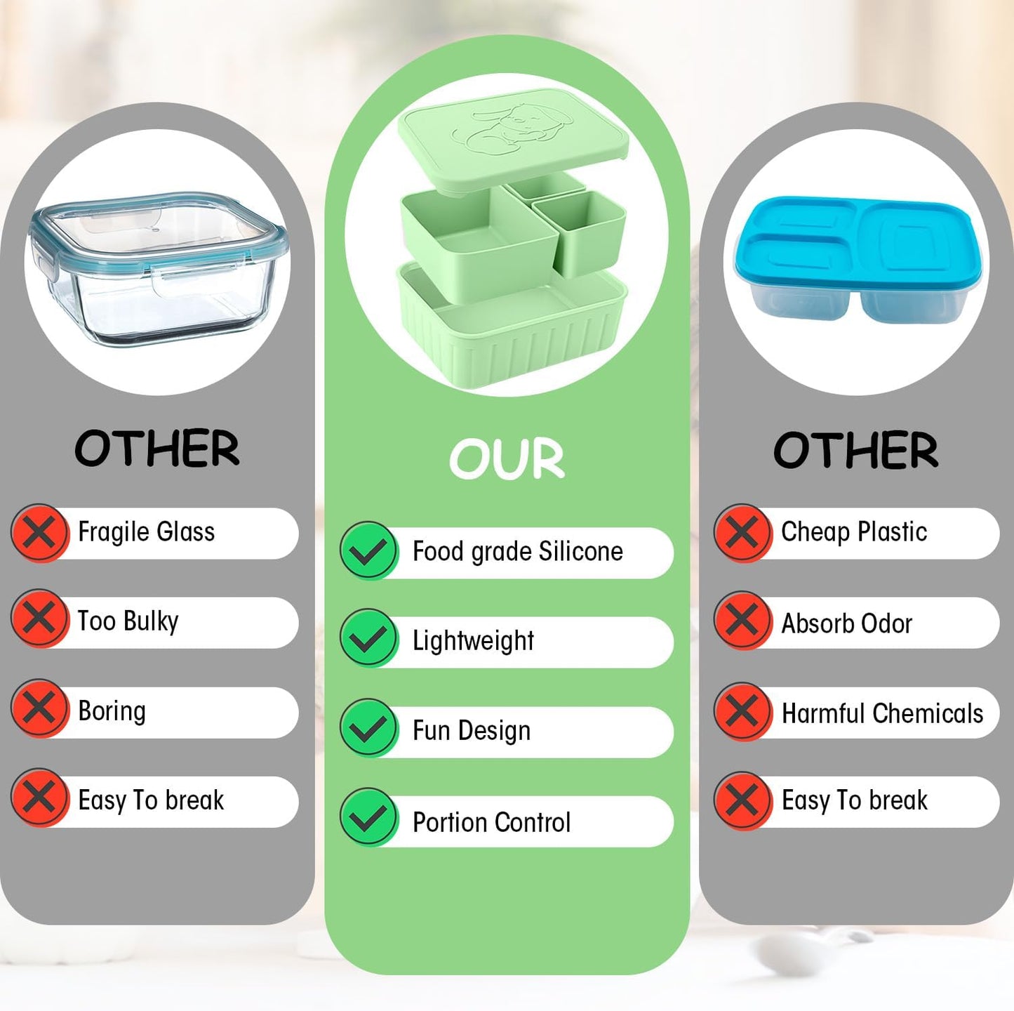 Bento Lunch Box for Kids-Reusable Silicone Kids Bento Box Lunch Container Leakproof Lunchbox Meal Prep Food Storage Containers with 3 Removable Compartments–Dishwasher Safe/BPA Free/Portion Control