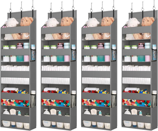 Lifewit 4 Packs Over the Door Organizer, 5 Shelf Clear Window Hanging Storage with 4 Mesh Side Pockets, Anti Tilt 40 lbs Load Behind Door for Pantry, Nursery, Bathroom, Bedroom, Kitchen, Dorm, Grey