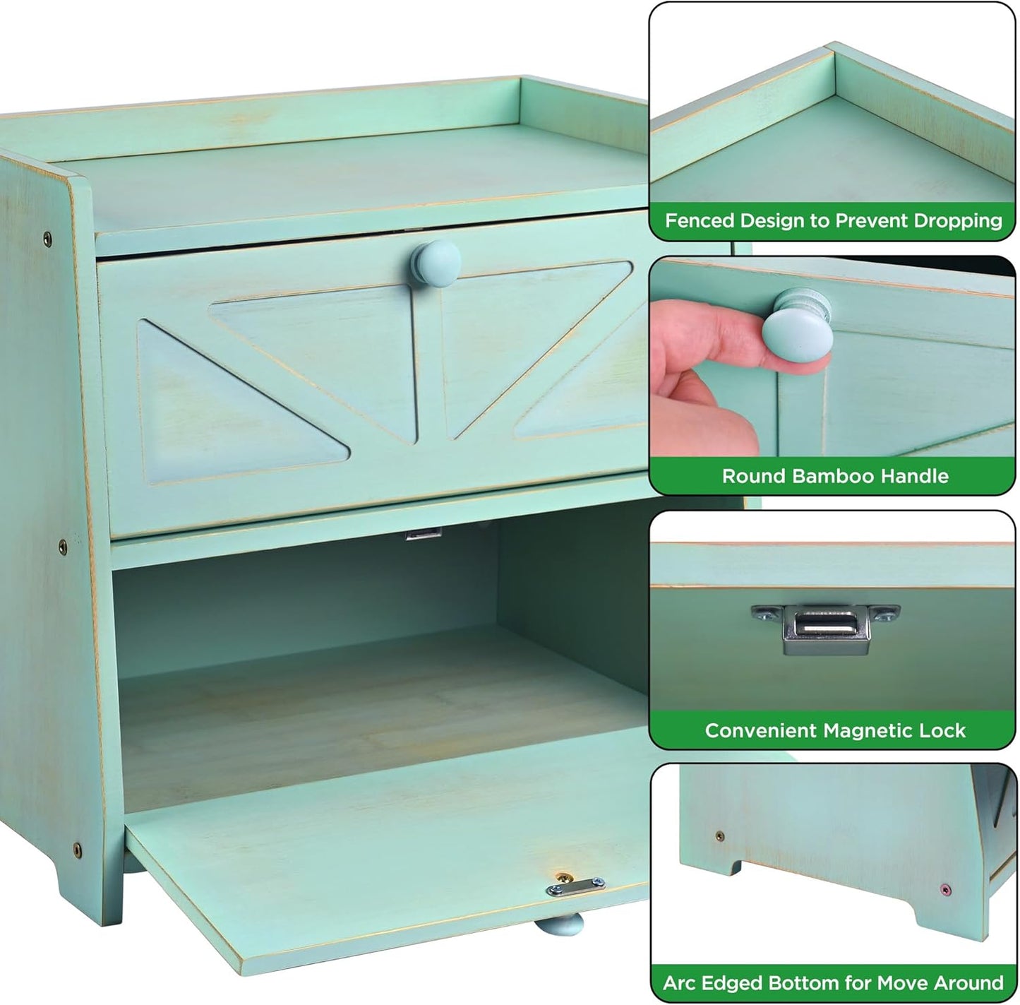 Vintage Double Layer Bread Box for Kitchen Countertop, Bamboo Bread Storage Container, Breadbox for Homemade Bread, Large Capacity Bread Bin(Green)